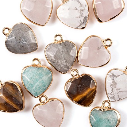 12Pcs 6 Style Electroplate Natural Gemstone Pendants, with Cadmium Free & Nickel Free & Lead Free Golden Iron Findings, Faceted, Heart