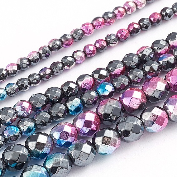 Electroplated Non-magnetic Synthetic Hematite Beads Strands, Half Plated, Round, Faceted