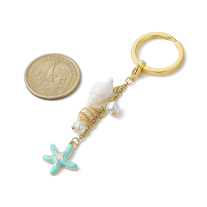 Porte-clés pendentif en alliage d'émail et de coquille en spirale, avec perles de verre et porte-clés fendus en fer