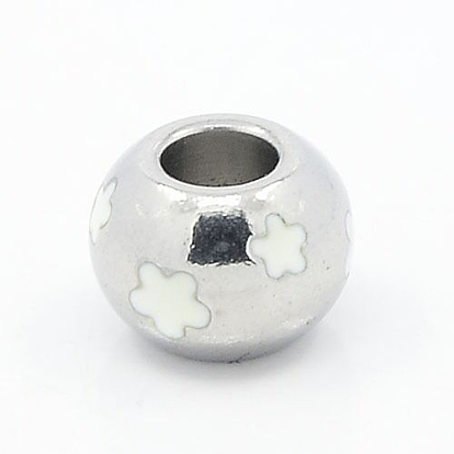 304 perlas de esmalte de acero inoxidable, abalorios de grande agujero, rondelle con la flor, de color blanco, 9x7 mm, agujero: 4 mm