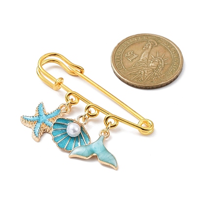 Marine Theme Pendant Alloy Enamel Brooches, Golden Iron Kilt Pins for Women, Starfish & Shell & Fishtail