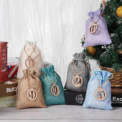 Wood Pendants, Laser Cut Wood Shapes, with Hemp Rope, Flat Round with Number 1~24, Burlap Packing Pouches Drawstring Bag & Wooden Craft Pegs Clips