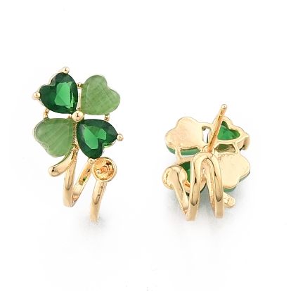 Brass Stud Earring Findings, with Glass, for Half Drilled Beads, Clover, Real 18K Gold Plated, Cadmium Free & Nickel Free & Lead Free