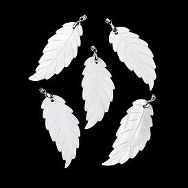 Natural Freshwater Shell Big Pendants, Leaf Charms with Platinum Plated Brass Pinch Bails