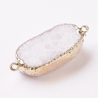 Electroplate Natural Druzy Quartz Crystal Links Connectors, with Brass Findings, Oval