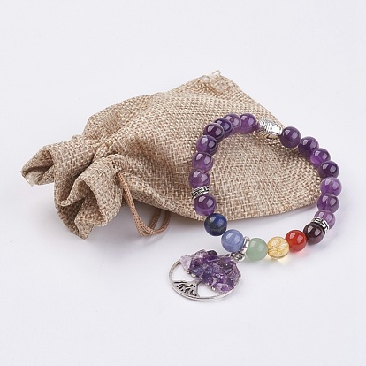 Bijoux de chakra bracelet de charme de perles de pierres précieuses mélangées, avec des perles de style tibétain, plat et circulaire avec arbre de vie