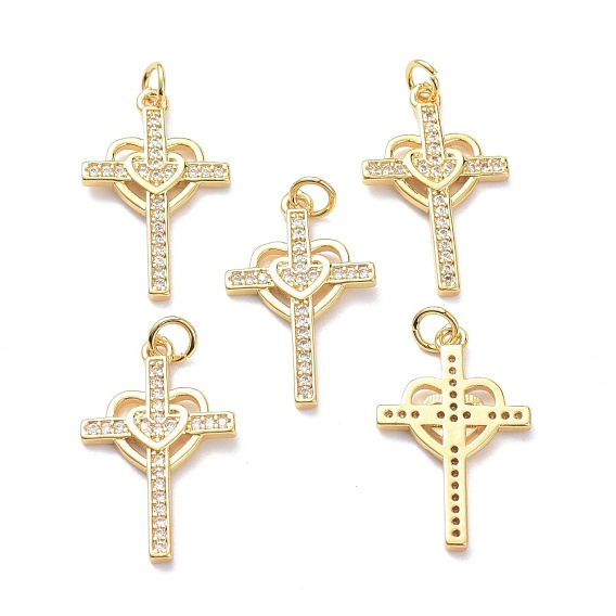 Brass Micro Pave Clear Cubic Zirconia Pendants, with Jump Ring, Long-Lasting Plated, Cross with Heart