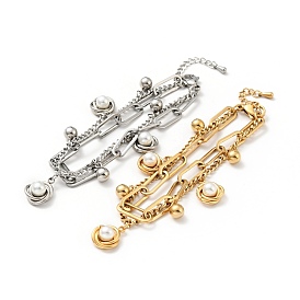 Bracelet multirangs noeud perle plastique et breloque boule ronde, 304 bracelet à chaînes double couche en acier inoxydable pour femme