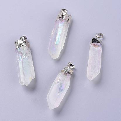 Angel Aura Quartz, Prism Natural Quartz Crystal Big Pendants, AB Color Plated, with Platinum Plated Top and Brass Bails
