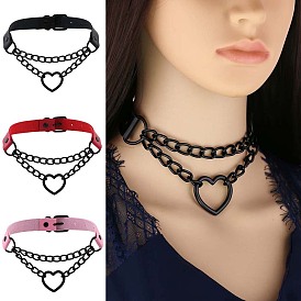 Fashionable Heart-shaped Black Chain Collar Necklace with Lock, PU Leather Material