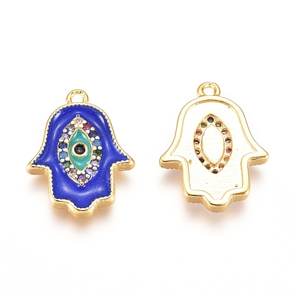 Brass Micro Pave Cubic Zirconia Charms, with Enamel, Hamsa Hand/Hand of Fatima/Hand of Miriam with Eye, Golden