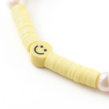 Handmade Polymer Clay Heishi Beaded Stretch Bracelets, with Natural Pearl Beads, Smiling Face
