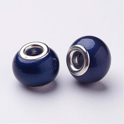 Spray Painted Glass European Beads, with Brass Silver Color Plated Cores, Large Hole Beads, Rondelle, 15x12mm, Hole: 5mm