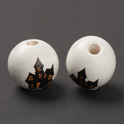 Perles européennes en bois imprimé halloween, Perles avec un grand trou   , ronde