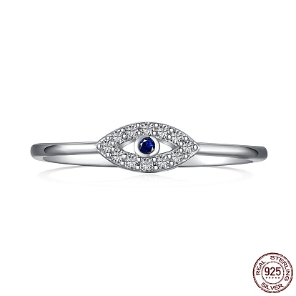 Rhodium Plated 925 Sterling Silver Horse Eye Finger Rings with Blue Cubic Zirconia, with S925 Stamp