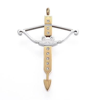 304 Stainless Steel Pendants, with Czech Rhinestone, Bow and Arrow