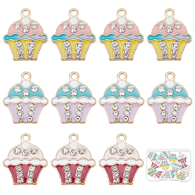SUNNYCLUE 15Pcs 3 Colors Alloy Enamel Pendants, with Crystal Rhinestone, Light Gold, Cup Cake