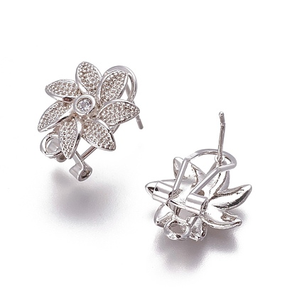 Brass Micro Pave Cubic Zirconia Stud Earring Findings, with Loop, Flower