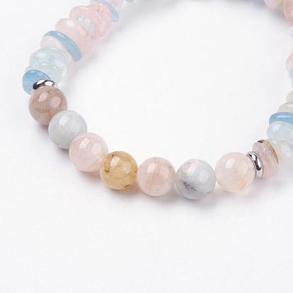 Perles de pierres précieuses naturelles s'étendent bracelets, avec 304 billes en acier inoxydable, Emballage en toile de jute, couleur inox