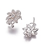 Brass Micro Pave Cubic Zirconia Stud Earring Findings, with Loop, Flower