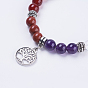 Natural Gemstone Stretch Bracelets, with Alloy Findings and Brass Pendants, Flat Round with Tree of Life