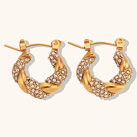 Stylish Zirconia Twisted Hoop Earrings in 18K Gold Plated Stainless Steel Jewelry