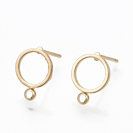 Brass Stud Earring Findings, with Loop, Ring, Real 18K Gold Plated