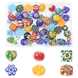 60Pcs 6 Style Handmade Millefiori Glass Beads, Heart & Round & Flower & Oval