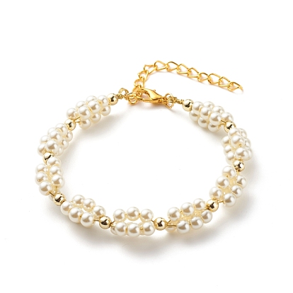 Glass Pearl Braided Beaded Bracelet, Brass Wire Wrap Jewelry for Women