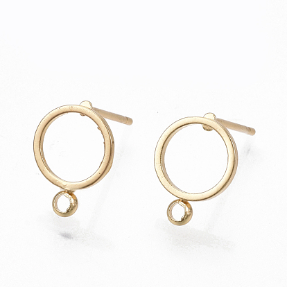 Brass Stud Earring Findings, with Loop, Ring, Real 18K Gold Plated