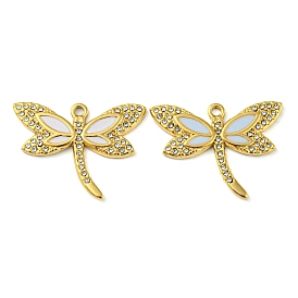 Ion Plating(IP) Real 18K Gold Plated 304 Stainless Steel Rhinestone Pendants, with Enamel, Dragonfly Charms