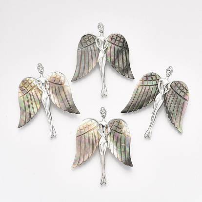 Shell Brooches/Pendants, with Alloy Findings, Angel, Platinum