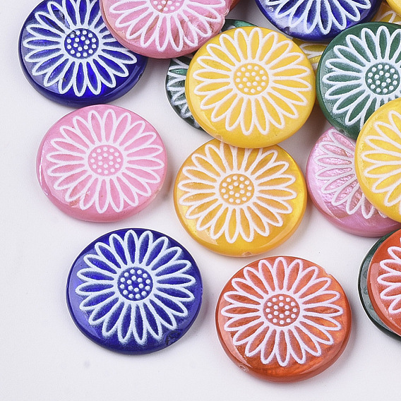 Spray Paint Freshwater Shell Beads, Printed, Flat Round with Daisy Flower