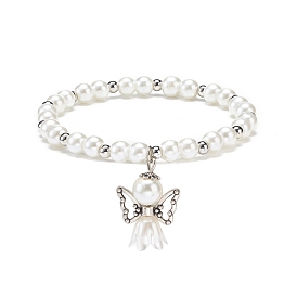 Glass & Plastic Imitation Pearl Beaded Stretch Bracelet with Alloy Fairy Charm for Women