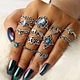 13 piezas 13 conjunto de anillos de dedo de diamantes de imitación de estilo, Anillos apilables de aleación de rombo, tortuga, elefante y corona para mujer