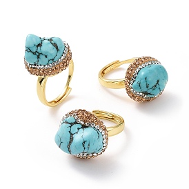 Adjustable Natural Turquoise Nugget Adjustable Ring with Rhinestone, Golden Brass Wide Ring for Women