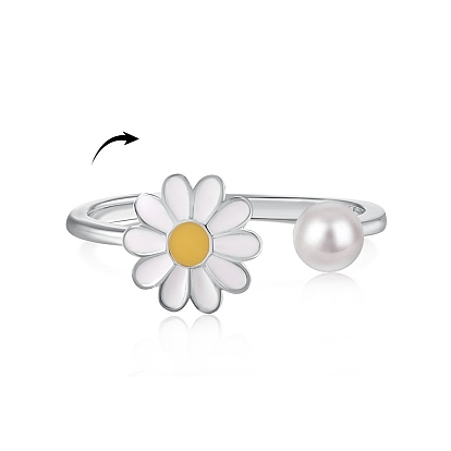 925 Sterling Silver Open Finger Rings, with Enamel & 925 Stamp for Women, Daisy Flower Anxiety Worry Fidget Spinner Ring, Real 18K Gold/Platinum Plated