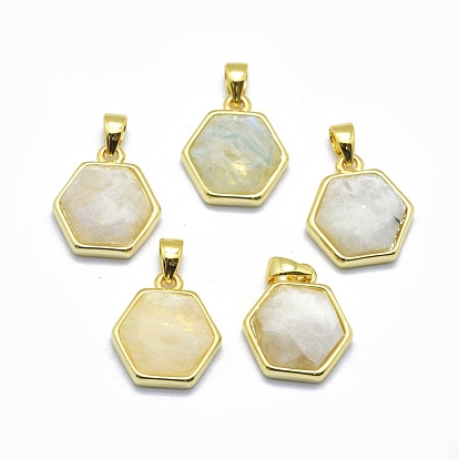 Natural Gemstone Pendants, with Golden Tone Brass Findings, Hexagon, Faceted