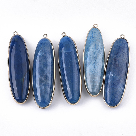 Natural Agate Big Pendants, with Brass Findings, Dyed, Oval, Golden