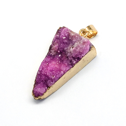 Plated  Natural  Druzy Agate Triangle Pendants, with Light Gold Plated Brass Findings,35~47x13~25x7~18mm, Hole: 6x5mm