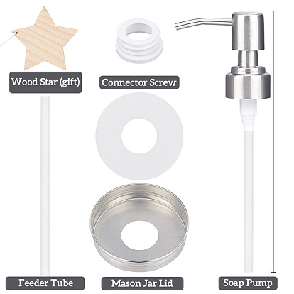 BENECREAT Mason Jar Liquid Soap Dispenser Lids Rust Proof Stainless Steel Lids with Sticker Labels, Pine Wood Pendants and Elastic Cord for Hand Soap, Dish Soap, Lotions
