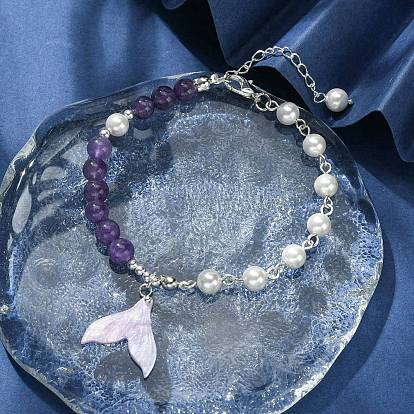 Bracelet à breloques queue de baleine en acétate de cellulose (résine), bracelet perlé d'améthyste naturelle et de perles de coquillage