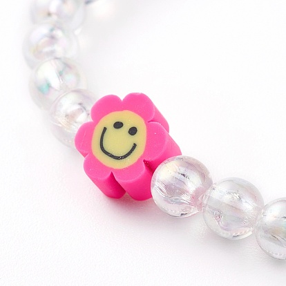 Bracelets pour enfants extensibles en perles acryliques transparentes, avec polymère perles d'argile, coeur & fleur & gâteau & fraise