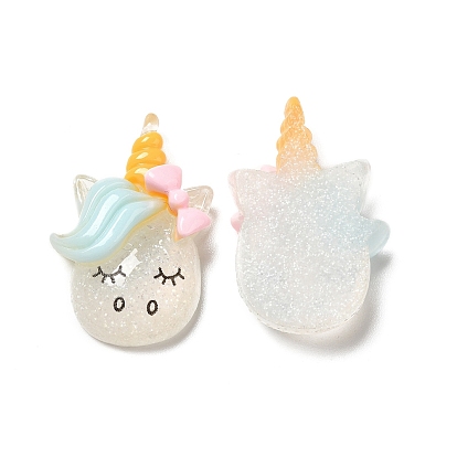 Translucent Resin Cabochons, with Glitter Powder, Unicorn with Bowknot