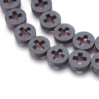 Non-magnetic Synthetic Hematite Bead Strands, Frosted, Flat Round with Cross