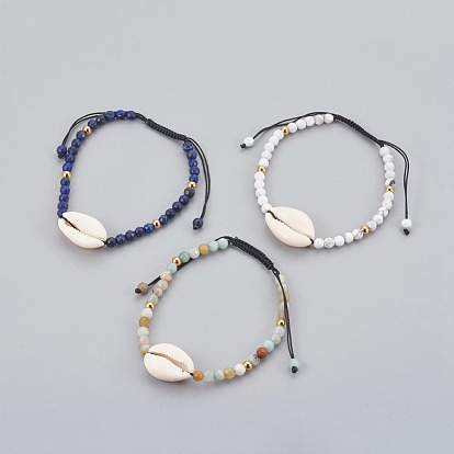 Bracelets de perles tressées naturelles de pierres précieuses, avec cauris