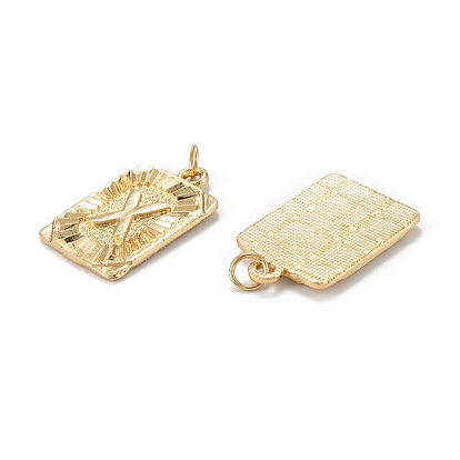 Brass Pendants, with Jump Ring, Long-Lasting Plated, Cadmium Free & Nickel Free & Lead Free, Rectangle with Alphabet, Real 18K Gold Plated