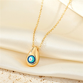 Vintage Metal Teardrop Devil Eye Pendant Necklace with Simple Blue Eye Collarbone Chain