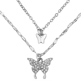 Alloy Butterfly Pendant Necklaces for Women, Adjustable Cubic Zirconia Double Layer Necklaces Gifts for Christmas Birthday