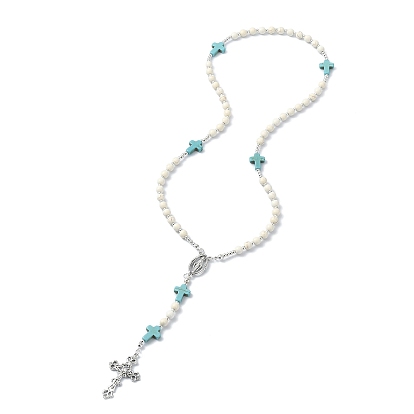 Synthetic Mixed Gemstone Rosary Bead Necklaces, Alloy Cross Pendant Necklace